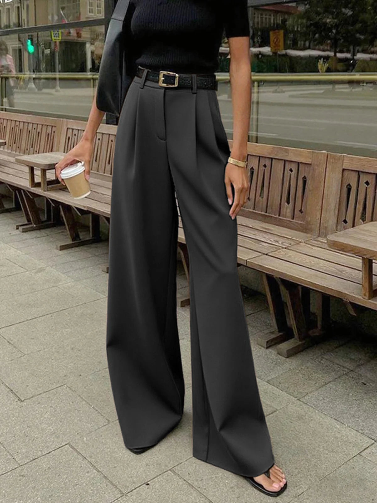 Solid Wide Leg Pants Without Belt