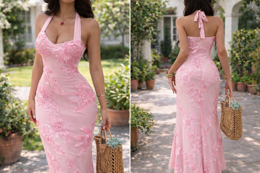 Blue Blossom Luxe Halter Maxi Dress