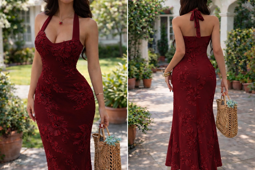 Blue Blossom Luxe Halter Maxi Dress